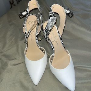 White and snake print heels